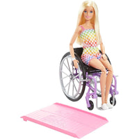 BARBIE FASHIONISTAS DOLL WITH WHEELCHAIR & RAMP, STRAIGHT BLONDE HAIR & RAINBOW ROMPER [HJT13]